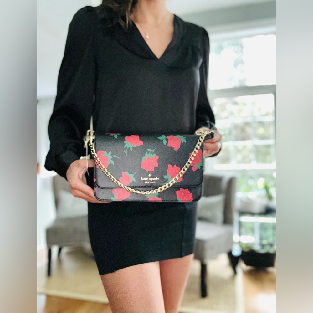 NWT Kate Spade Crossbody Rose Printed Flap Crossbody Purse Black Multi